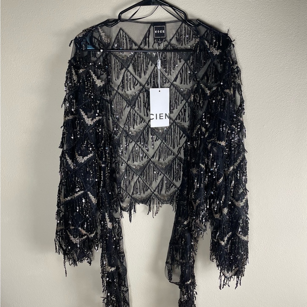 Black Sequin Cardigan Shawl by Cien